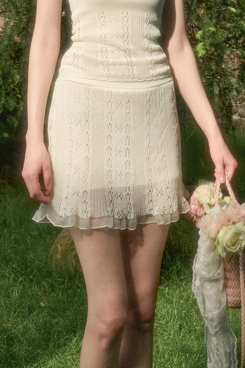 Lace Knit Set-Up With Cami Top, Front-Tie Top, And Skirt