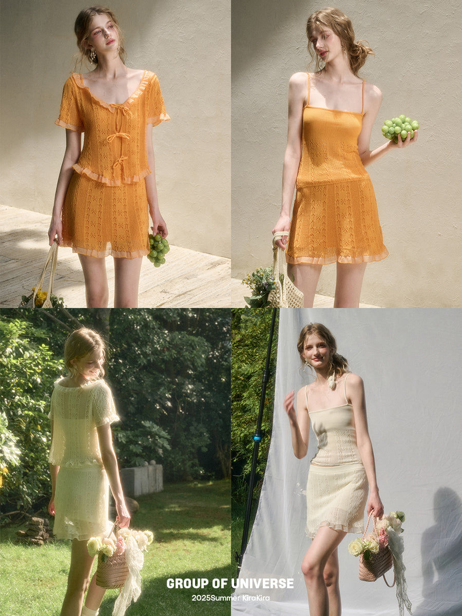 Lace Knit Set-Up With Cami Top, Front-Tie Top, And Skirt