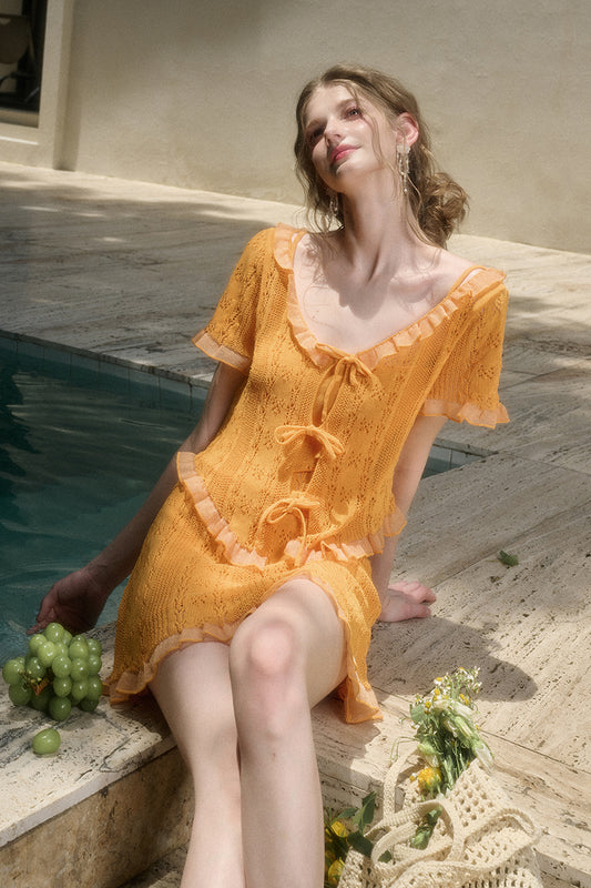 Lace Knit Set-Up With Cami Top, Front-Tie Top, And Skirt