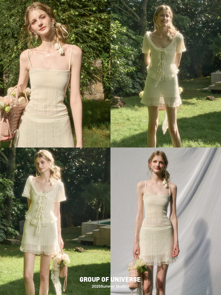Lace Knit Set-Up With Cami Top, Front-Tie Top, And Skirt