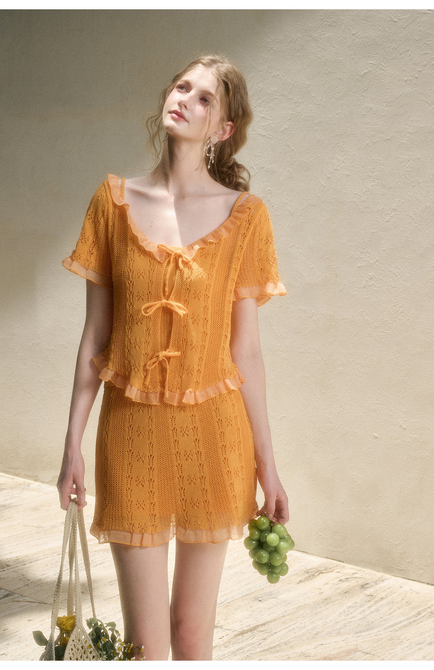 Lace Knit Set-Up With Cami Top, Front-Tie Top, And Skirt
