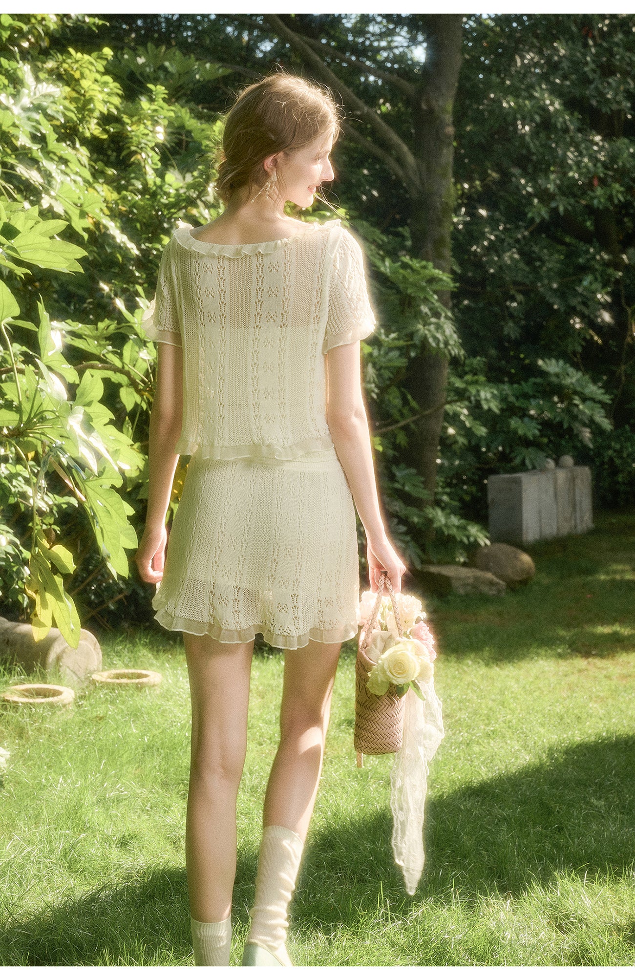 Lace Knit Set-Up With Cami Top, Front-Tie Top, And Skirt