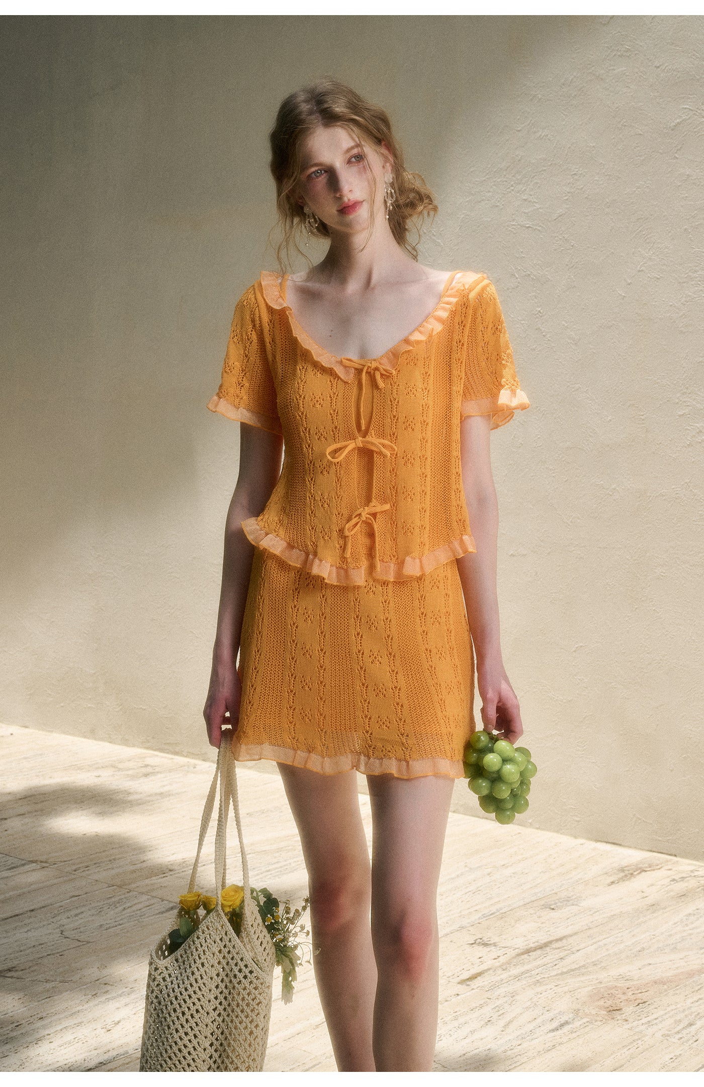 Lace Knit Set-Up With Cami Top, Front-Tie Top, And Skirt