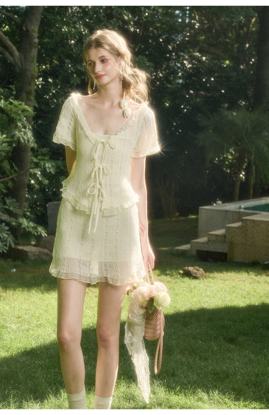 Lace Knit Set-Up With Cami Top, Front-Tie Top, And Skirt