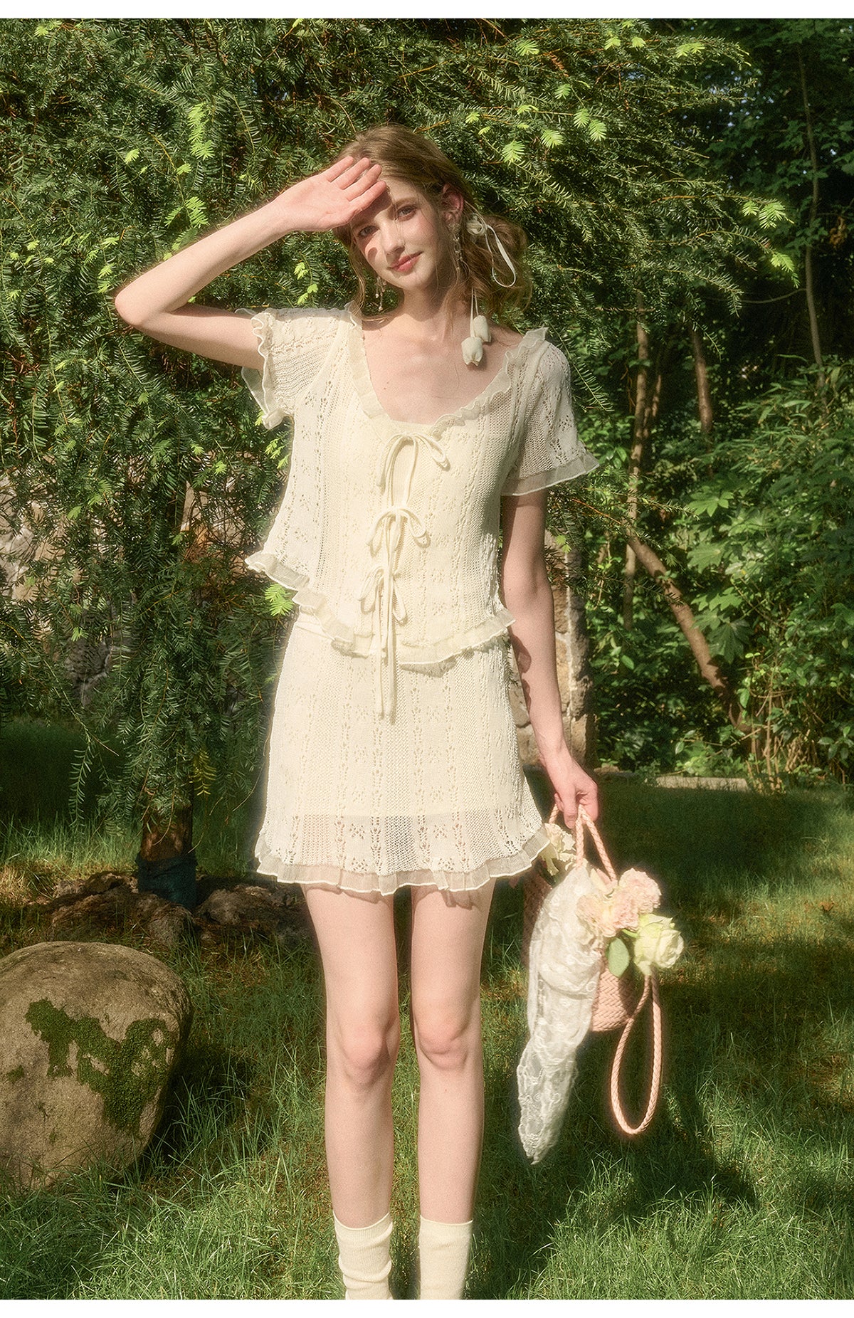 Lace Knit Set-Up With Cami Top, Front-Tie Top, And Skirt