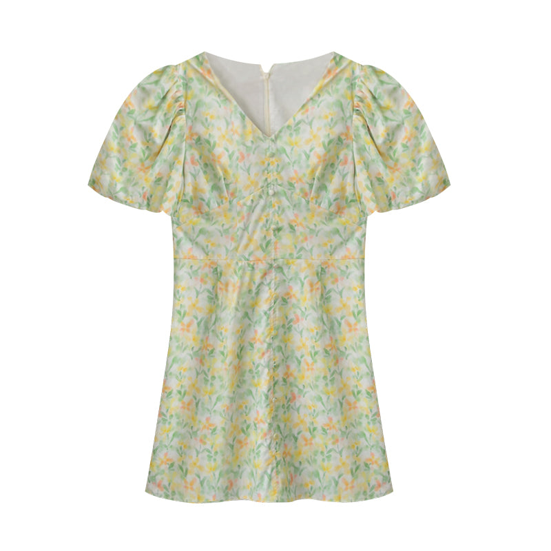 Bubble Sleeve V-Neck Floral Mini Dress
