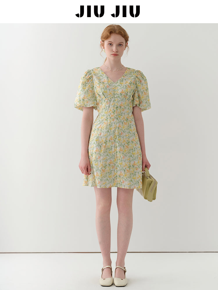 Bubble Sleeve V-Neck Floral Mini Dress