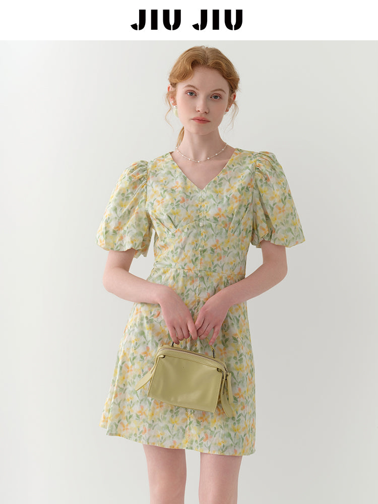 Bubble Sleeve V-Neck Floral Mini Dress