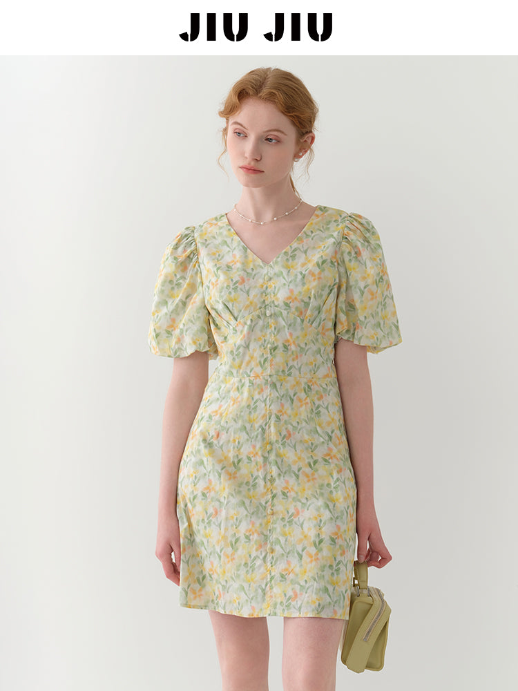 Bubble Sleeve V-Neck Floral Mini Dress