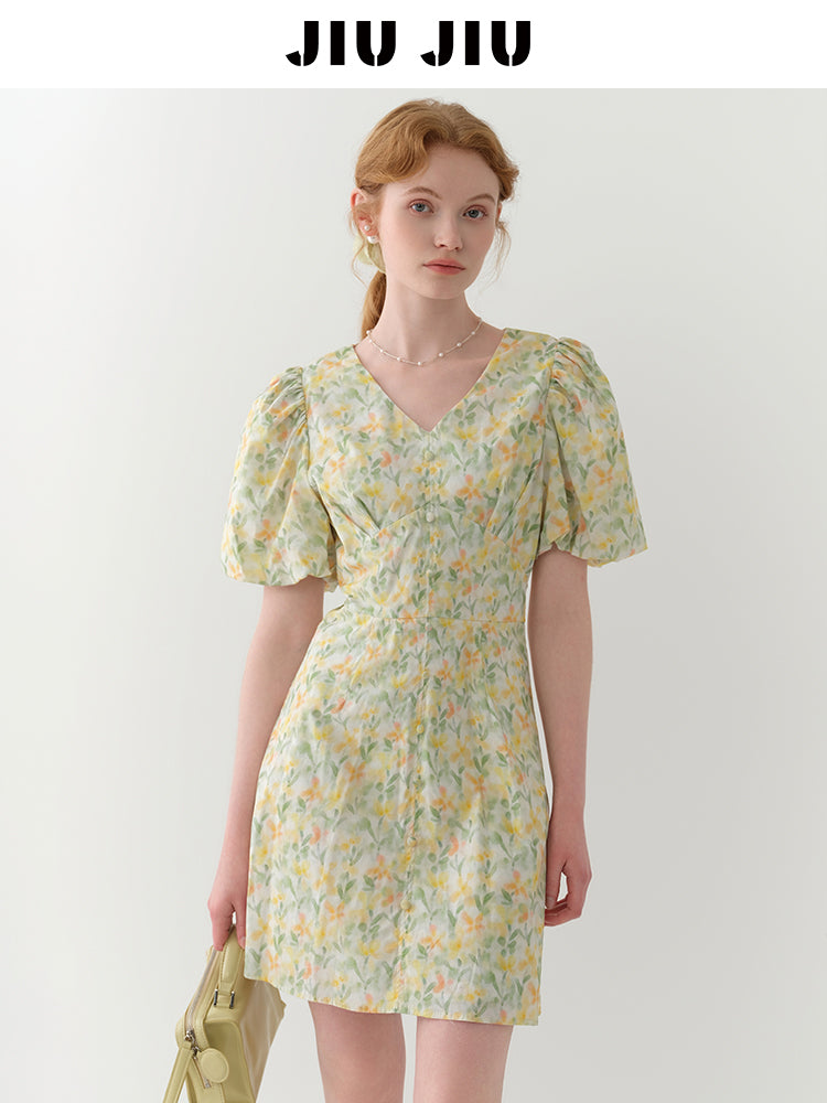 Bubble Sleeve V-Neck Floral Mini Dress