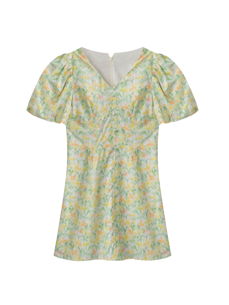 Bubble Sleeve V-Neck Floral Mini Dress