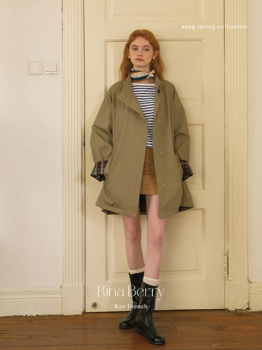 Plaid-Cuff Oversized Cotton Jacket