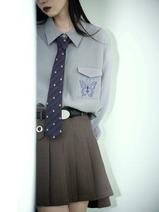 Butterfly Embroidered Stripe Shirt With Tie