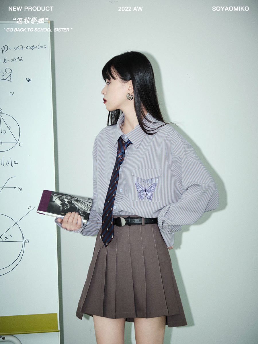 Butterfly Embroidered Stripe Shirt With Tie