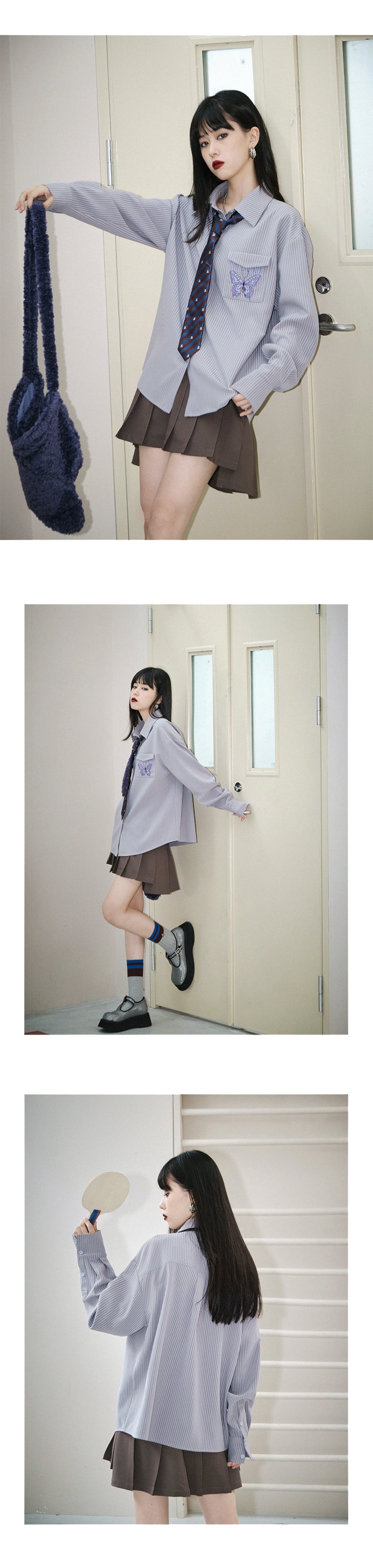 Butterfly Embroidered Stripe Shirt With Tie