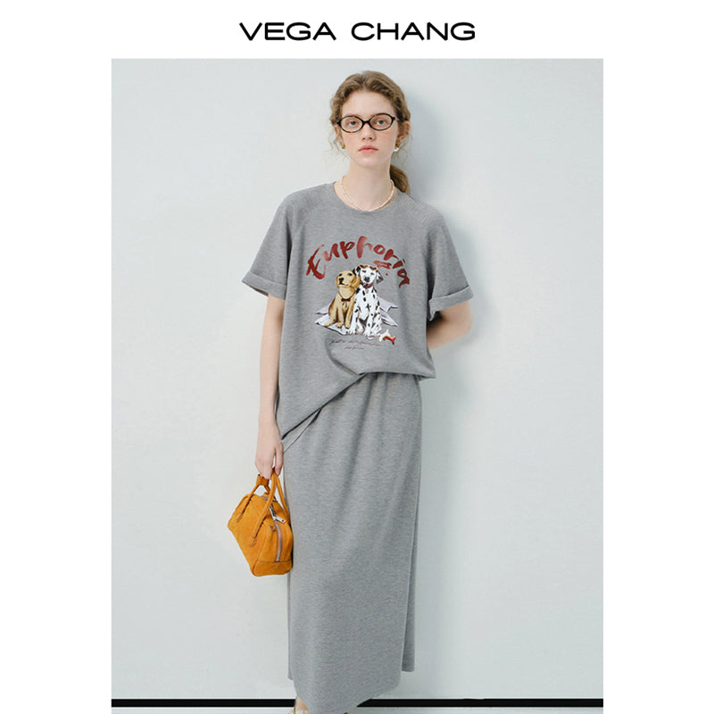 Dog Print Raglan T-Shirt & Matching Plain Skirt