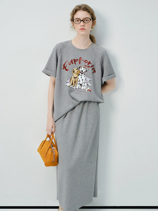 Dog Print Raglan T-Shirt & Matching Plain Skirt