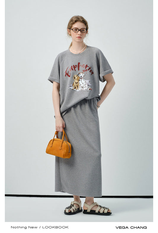 Dog Print Raglan T-Shirt & Matching Plain Skirt