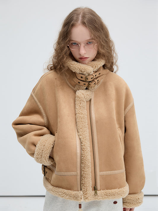 Faux Suede Shearling Jacket With Belted Collar