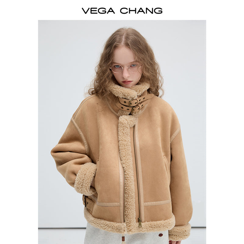 Faux Suede Shearling Jacket With Belted Collar