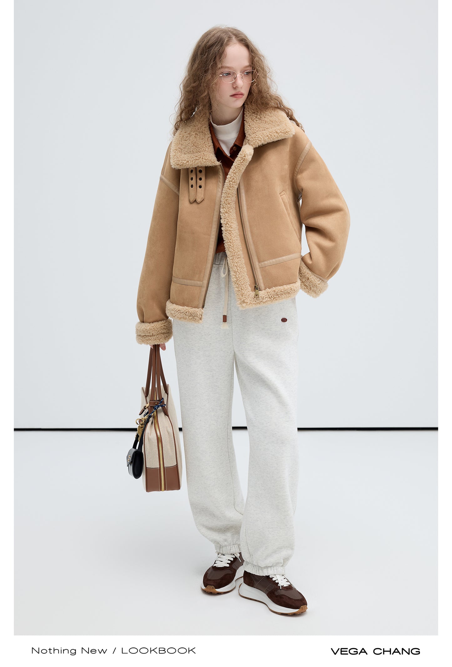 Faux Suede Shearling Jacket With Belted Collar