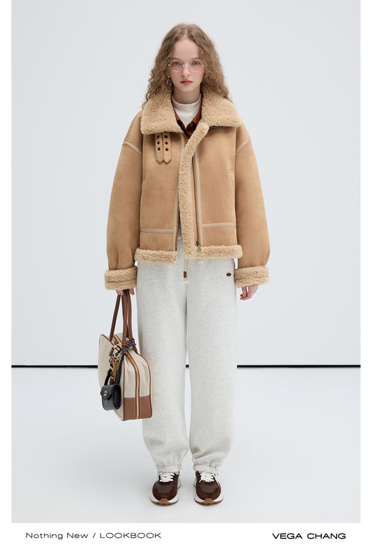 Faux Suede Shearling Jacket With Belted Collar