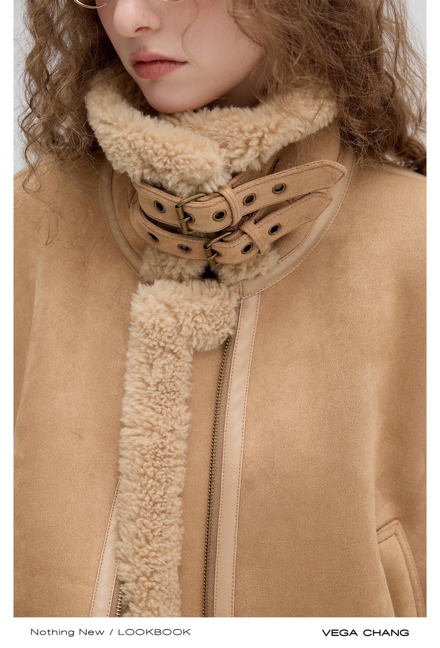 Faux Suede Shearling Jacket With Belted Collar