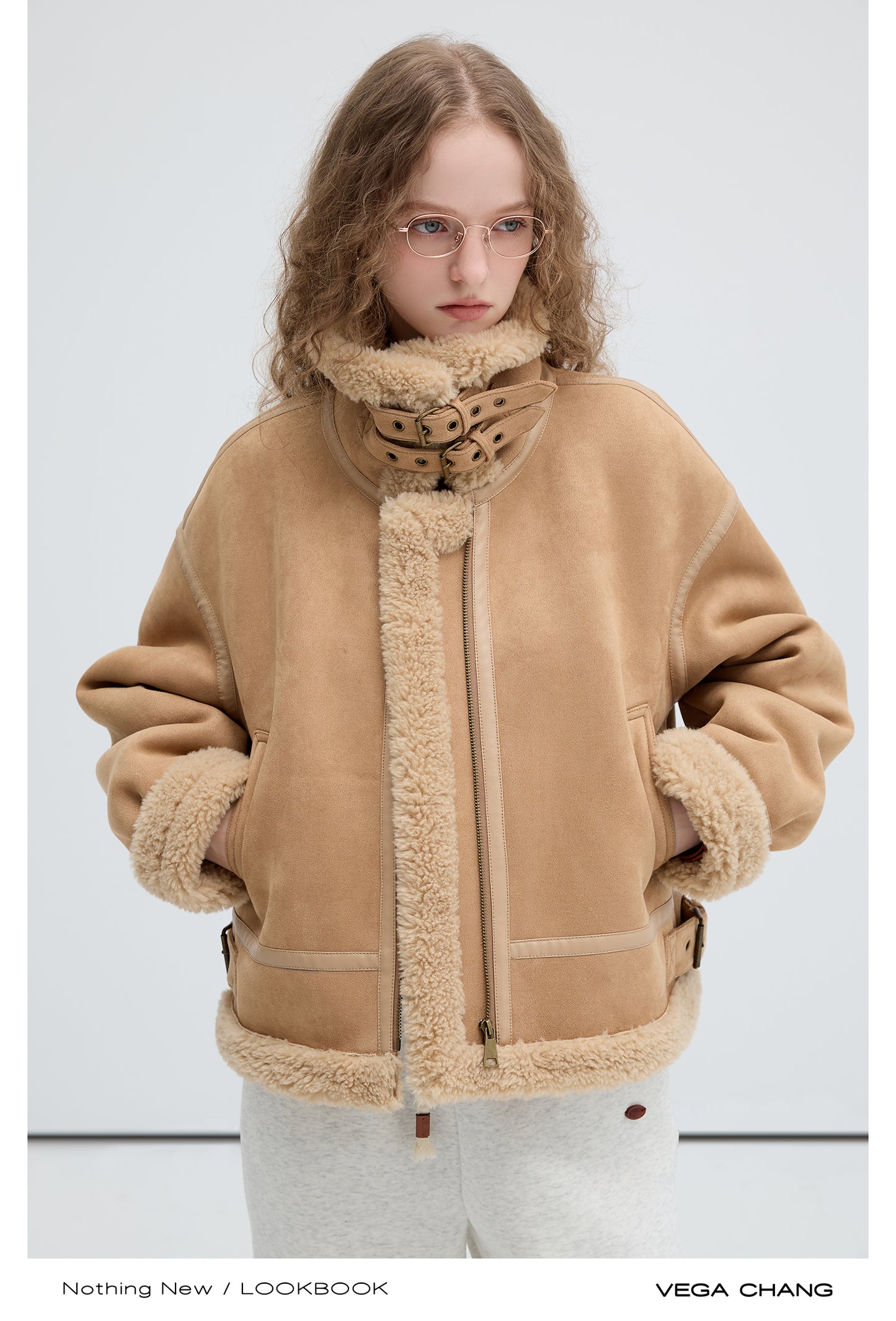 Faux Suede Shearling Jacket With Belted Collar