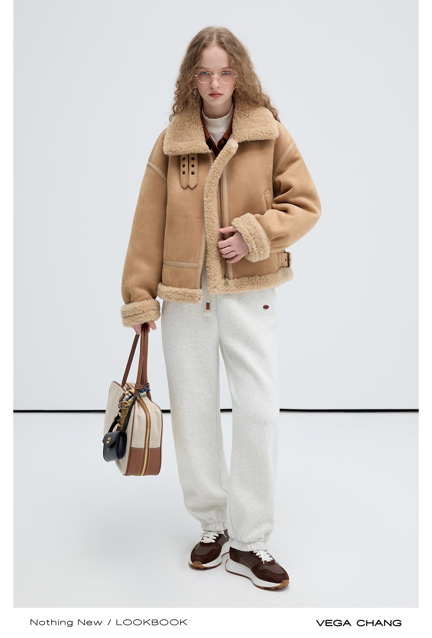 Faux Suede Shearling Jacket With Belted Collar