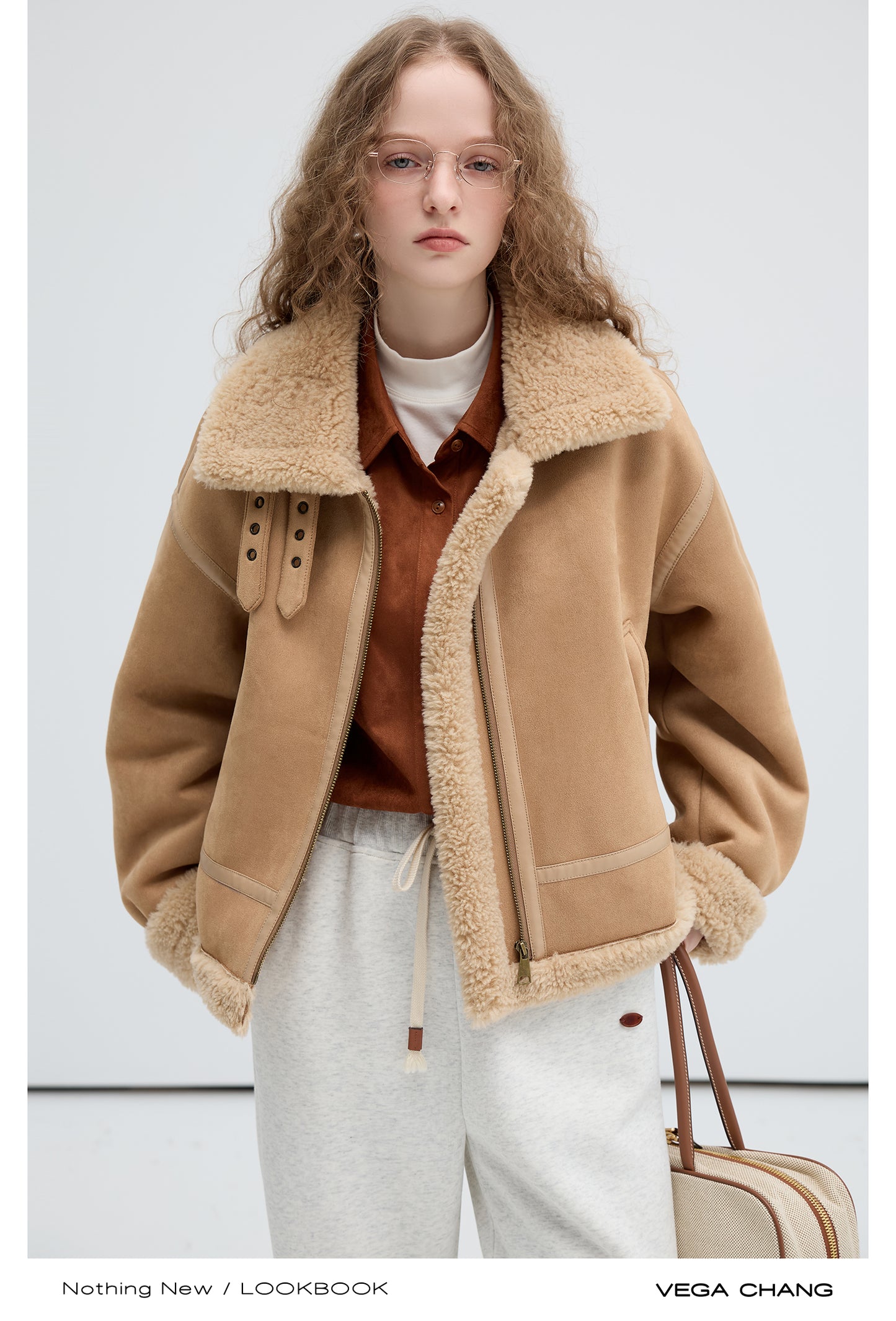 Faux Suede Shearling Jacket With Belted Collar