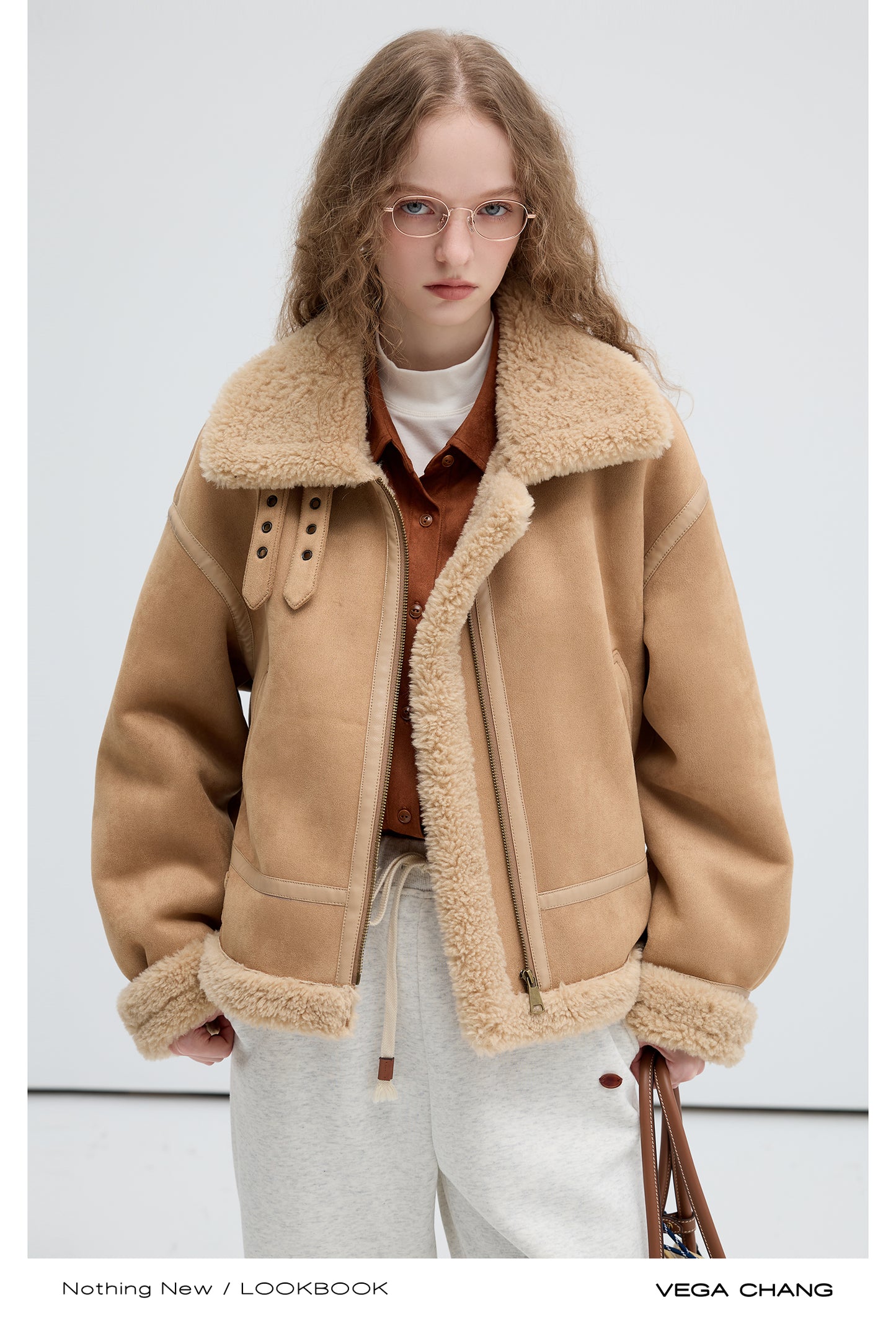Faux Suede Shearling Jacket With Belted Collar
