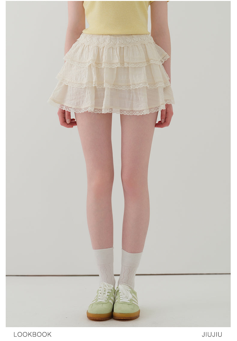 Lace Detail Tiered Fluffy Mini Skirt