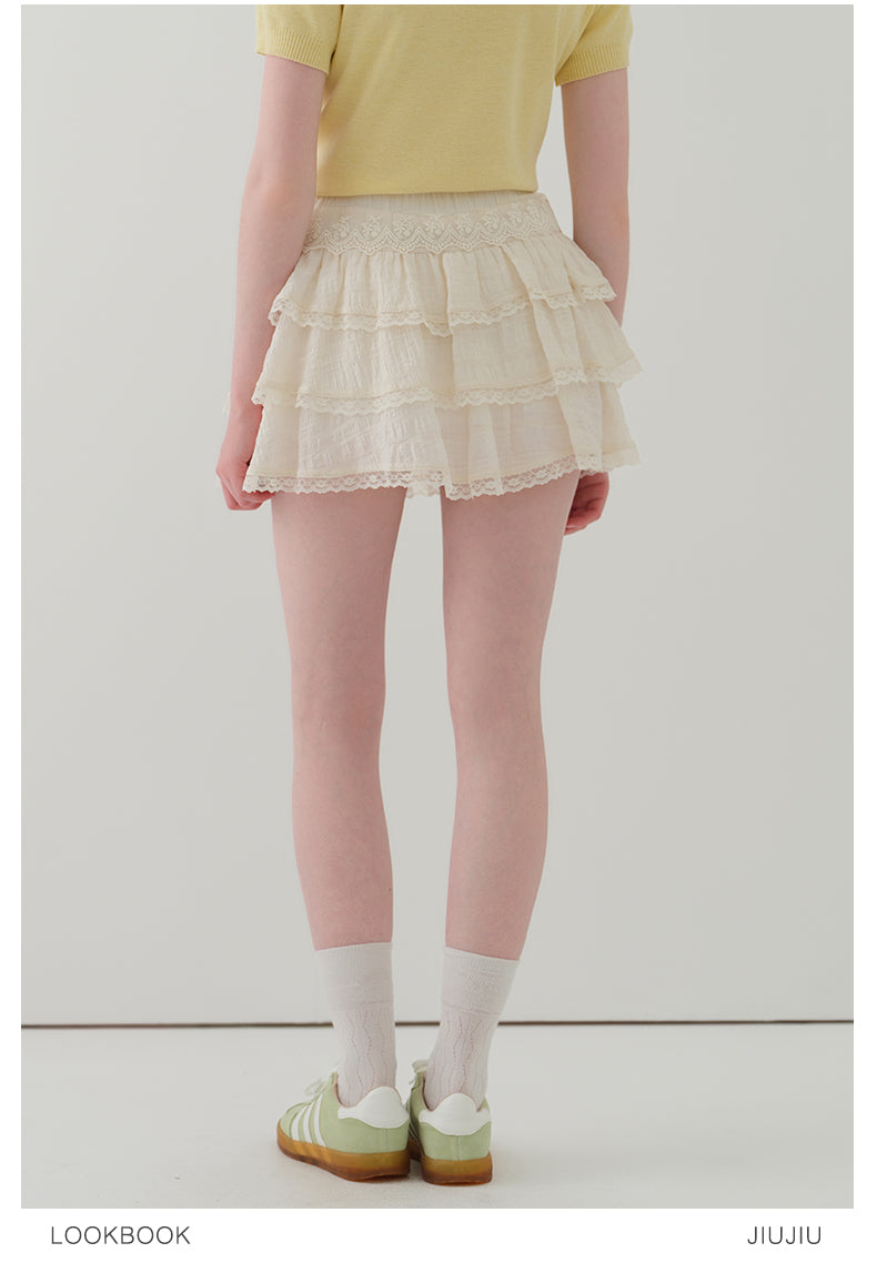 Lace Detail Tiered Fluffy Mini Skirt