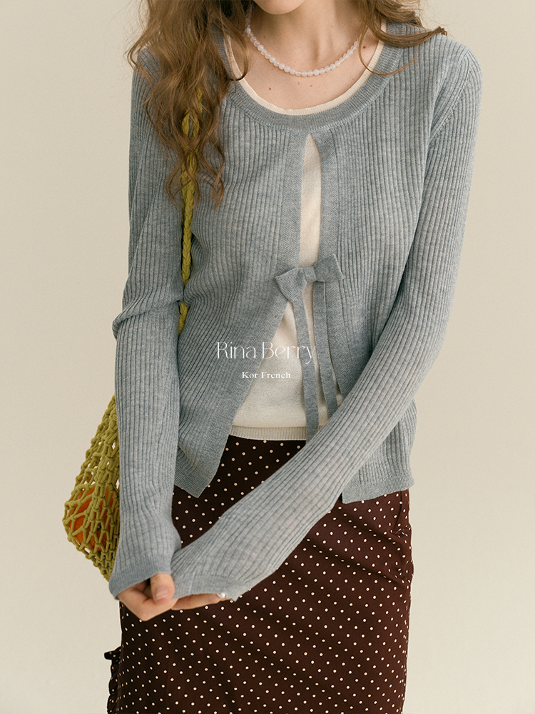 Ribbed Open-Front Knit Top With Bow Detail