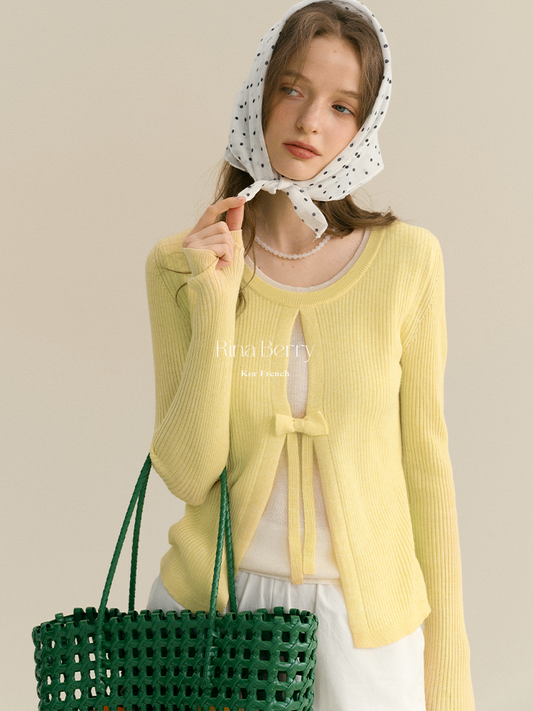 Ribbed Open-Front Knit Top With Bow Detail