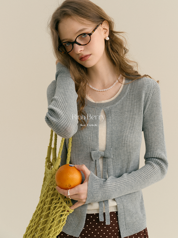 Ribbed Open-Front Knit Top With Bow Detail