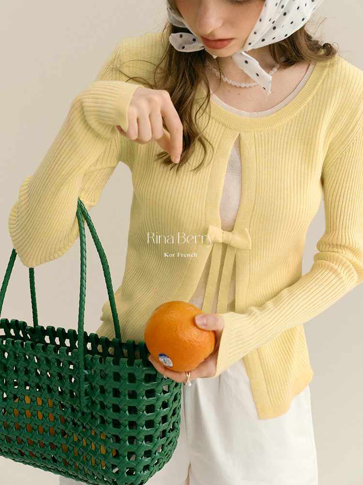 Ribbed Open-Front Knit Top With Bow Detail