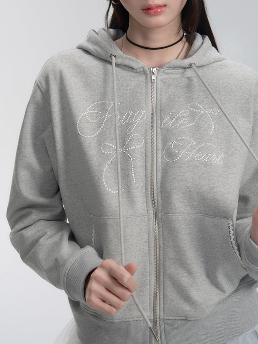Zip-Up Hoodie With Pearl Bead Lettering