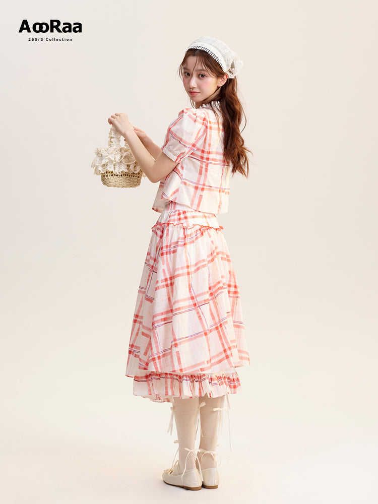 Plaid Square-Neck Blouse & Matching Volume Skirt