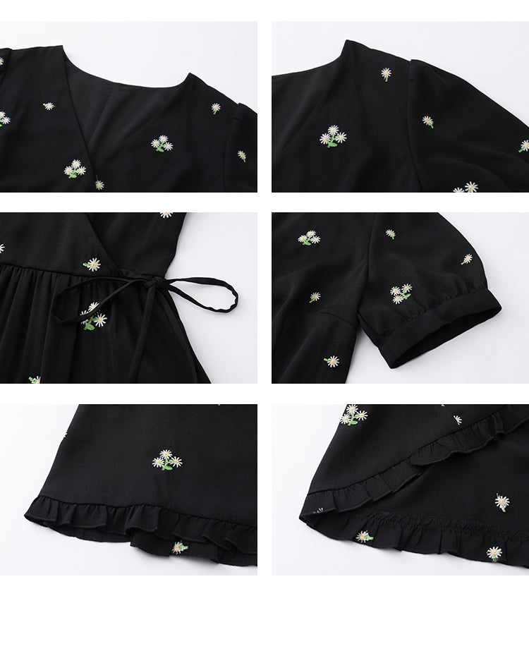 Embroidered Floral Crossover Tiered Dress