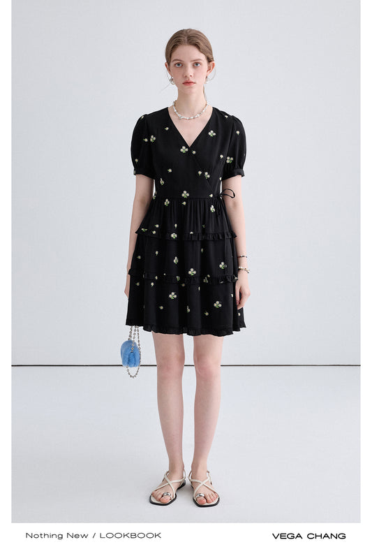 Embroidered Floral Crossover Tiered Dress