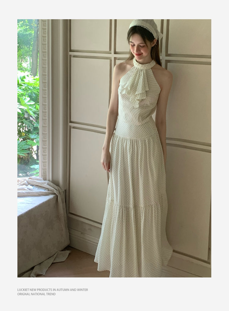 Polka Dot Halter-Neck Jabot Blouse & Skirt