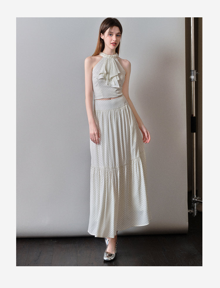 Polka Dot Halter-Neck Jabot Blouse & Skirt