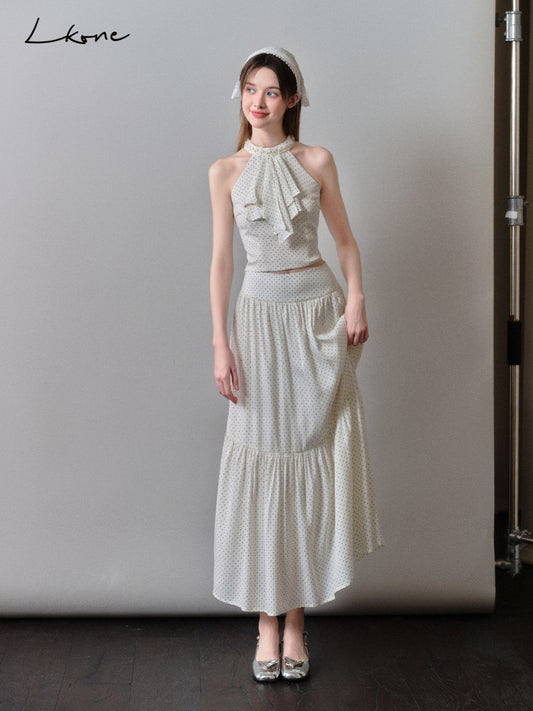 Polka Dot Halter-Neck Jabot Blouse & Skirt