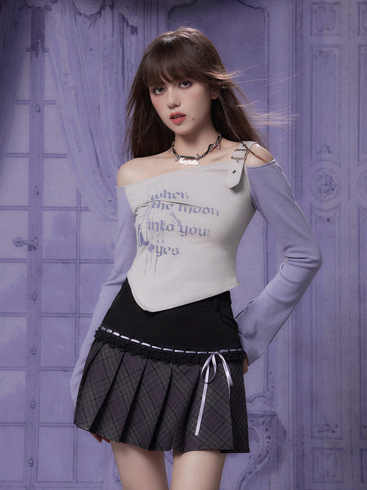 Off-Shoulder Gothic Print Tee With Single Strap