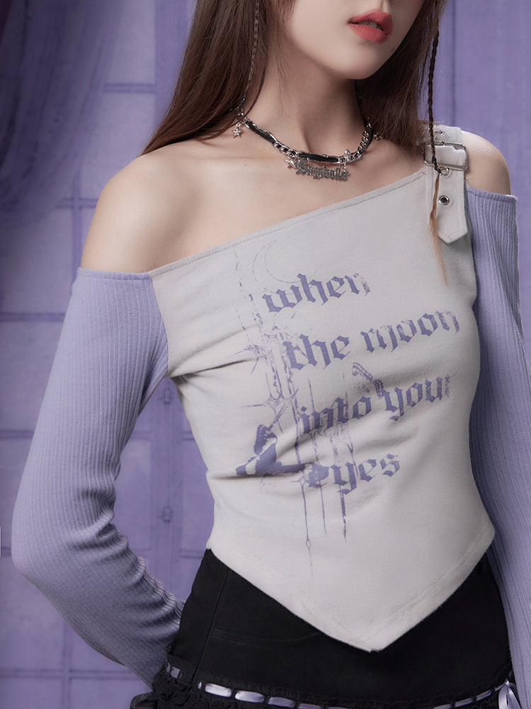 Off-Shoulder Gothic Print Tee With Single Strap