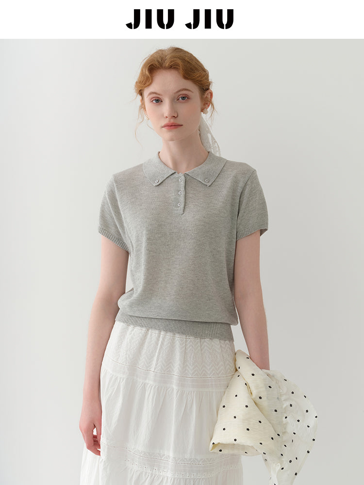 Button-Down Collar Polo Knit Top