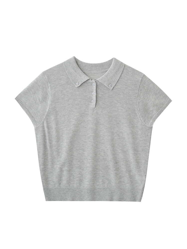 Button-Down Collar Polo Knit Top
