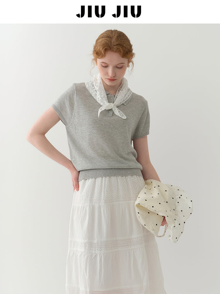 Button-Down Collar Polo Knit Top