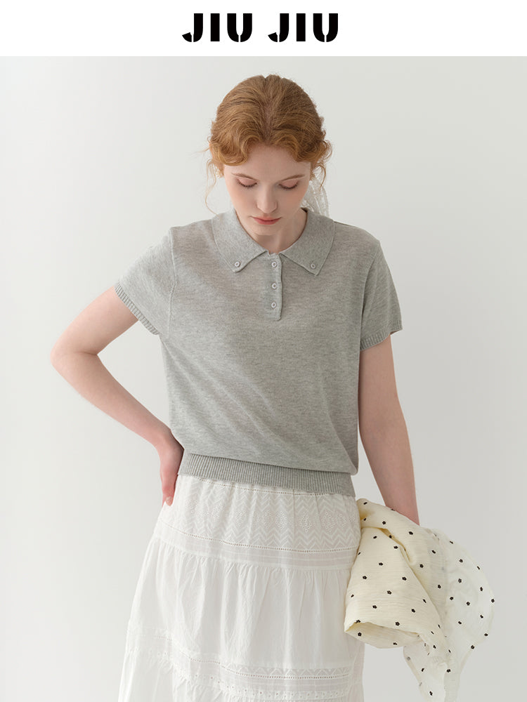 Button-Down Collar Polo Knit Top